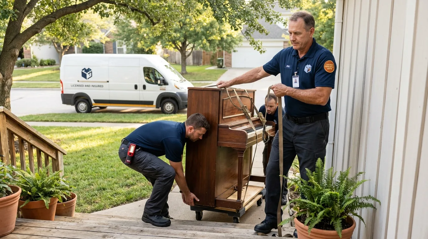 Licensed piano movers securing grand piano in Shokan, NY