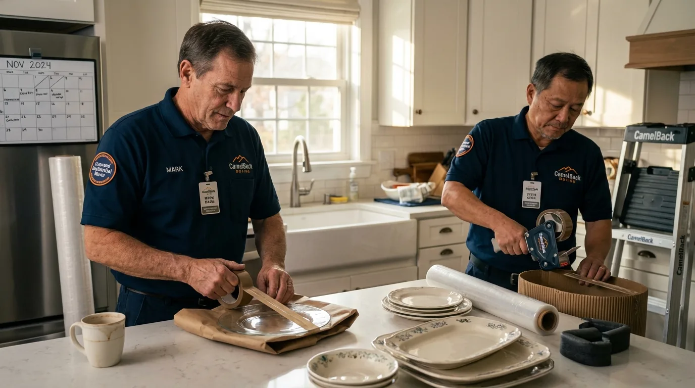 Professional crew packing kitchen dishware in Shokan, NY